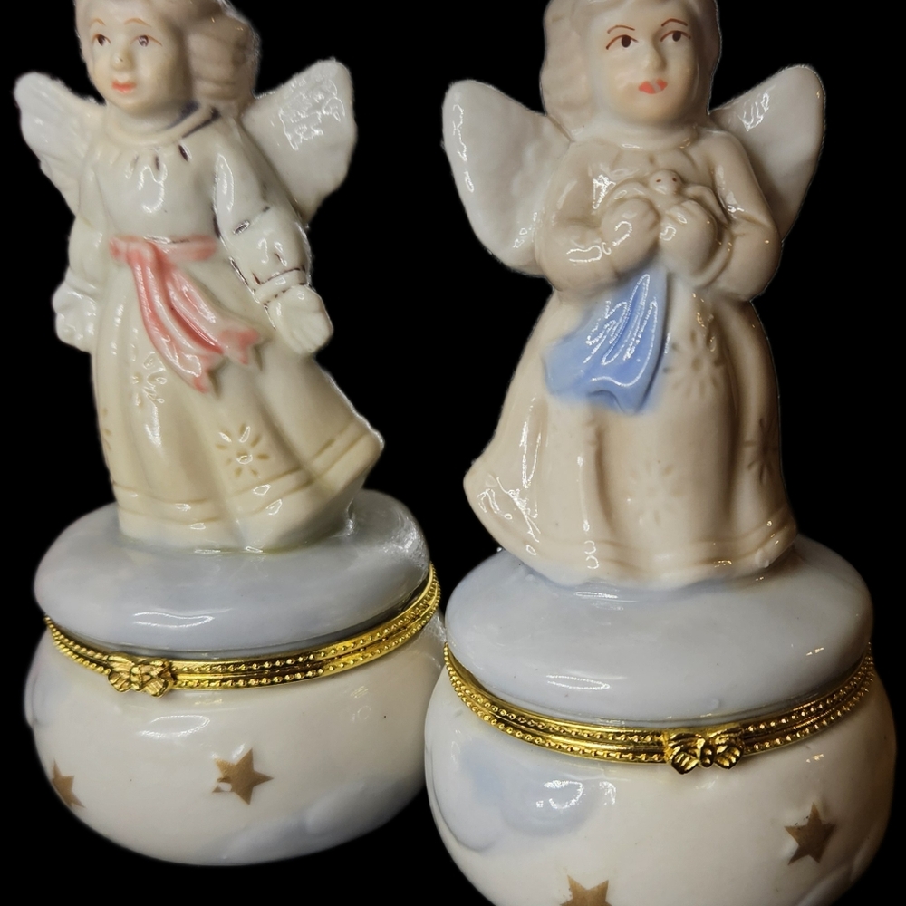 2Vintage Angel Porcelain Hinged Trinket Boxes w Gold Trim by Greenbrier Inc.199A